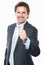 Businessman giving thumbs up. Portrait of smart executive giving thumbs up against white background.