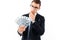 Businessman in glasses and suit, holding dollar bills, looks at