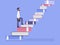 Businessman going up the stairs which made from books vector illustration. Business man walking on the staircase from