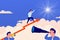 Businessman on growing red arrow runs towards his goal reaching the stars. Concept of overcoming difficulties and achieving