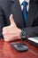 Businessman hand in closeup showing thumb up