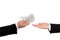 Businessman hand handing over money to another hand  on white background