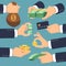 Businessman hand holding money. Flat icons for loan, paying and cash back concept