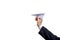 Businessman hand holding paper plane on white background .