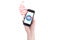 Businessman hand holding smart phone with icon mail. Hand holding  smartphone. A new message received on mobile phone. White