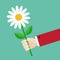 Businessman hand holding white daisy flower. Giving gift concept. Cute cartoon character. Red suit. Greeting card. Flat design. Gr