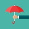 Businessman hand with red open Umbrella. Flat icon isolated on turquoise.