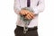 Businessman hands fettered chain padlock job slave