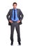 Businessman hands on hips isolated