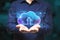 Businessman hands holding abstract glowing cloud hologram on blurry interior background. Cloud computing, future and data storage