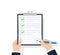 Businessman hands holding clipboard checklist with pen. Checklist, complete tasks, to-do list, survey, exam concepts