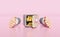 Businessman hands protecting, open safe box, money coins stacks, gold bar isolated on pink background. saving money, business