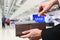 Businessman hands pulling money Shopping concept on brown wallet