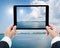 Businessman hands tablet taking pictures beach and sea