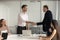 Businessman handshake male worker greeting with work success