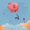 Businessman hanging on a large piggy bank balloon across the cliff-Business saving concept