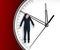 Businessman hangs on an arrow of clock