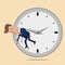 Businessman hangs on an arrow of clock. Vector illustration