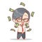 A businessman is happy to have lots of money cash rain Cute boy earning money, kids savings and finance cartoon manga kawai