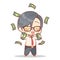 A businessman is happy to have lots of money cash rain Cute boy earning money, kids savings and finance cartoon manga kawai