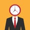 businessman with head clock on yellow background. business and finance. time management concept.