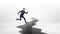 A businessman high-jumps over a long jagged earthquake rift in the ground.