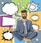 Businessman Hipster in Lotus Pose Meditating With Bubble Speech