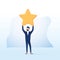 Businessman hold a big gold star. Victory, rating. Vector, illustration, flat. Positive star feedback. Victory or rating