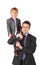 Businessman hold boy on shoulder