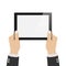 Businessman hold tablet with empty white screen. Hands hold laptop