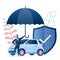 Businessman hold umbrella, modern auto safe shield. Insurance and accident protection concept background