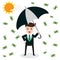 Businessman hold umbrella standing under money rain
