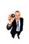 Businessman holding black billiard ball