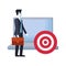 Businessman holding briefcase with laptop target