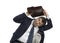 businessman holding briefcase over head