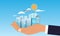 Businessman holding cityscape or buildings in hand. Clouds and plane flying in background. Flat Vector illustration.