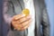 Businessman Holding Crypto Currency Coin, The Virtual Money Currency.