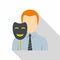 Businessman holding fake mask smile icon