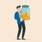 Businessman holding glass jar with full of coins. Saving income in glass bottle for retirement or deposit