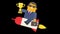 Businessman holding golden cup suitcase and flying on rocket. Alpha channel