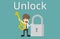 Businessman holding golden key to unlock the lock,Key to success