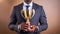 businessman holding a golden trophy