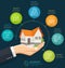 Businessman holding a house. Real Estate business Infographic with icons.