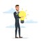 Businessman holding the idea of holding a lamp. Business cartoon