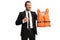 Businessman holding a life vest and pointing