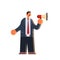 Businessman holding megaphone loudspeaker business man standing with bullhorn making announcement communication concept