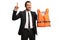 Businessman holding an orange life vest, pointing up and smiling