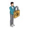 Businessman holding padlock isometric scribble