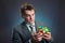 Businessman holding rubik cube in his hands