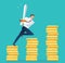 Businessman holding sword on gold coins, concept of motivation for achievement vector illustration